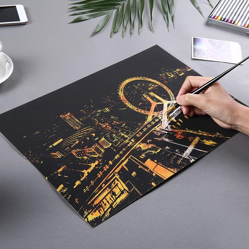 Kota Yang Terang Tema DIY Menggambar Gambar Lukisan Dinding Scratch Card, City Golden Night View Cat Seni Kertas Dekorasi Rumah Hadiah Kreatif Gaya:-Intl