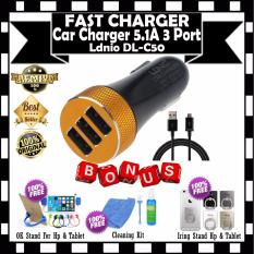 Ldnio USB Car Charger 3Port 5.1 A Fast Charger DL-C50 Kabel Micro Usb - Black GRATIS Holder OK STand For HP + Cleaning Kit Pembersih LCD PC Laptop & Iring Stand