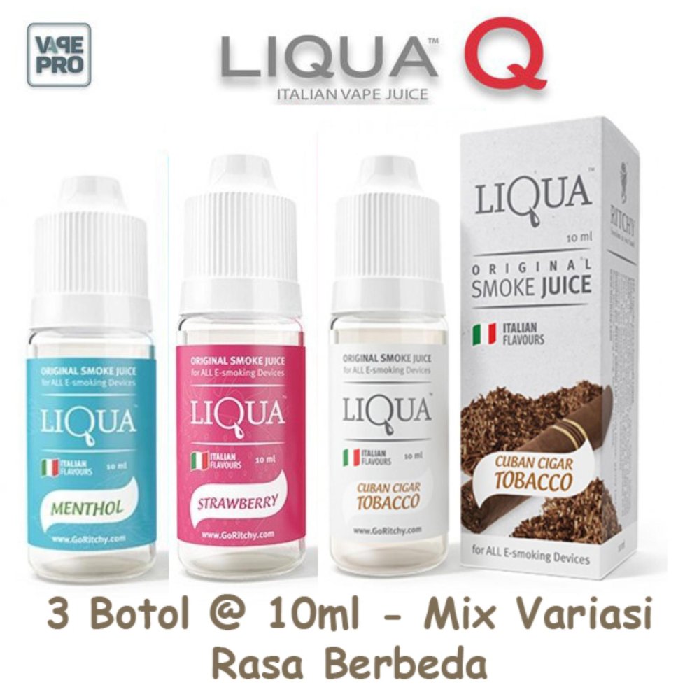Liqua/Liqva (Campur) Original Smoke Juice E-Liquid Rokok Elektrik Vgod / Subox / Vapor - 3 Botol @10 ml - Rasa Random