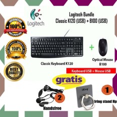 Logitech Keyboard K120 USB + Mouse B100 USB (Paket) Original + Gratis Iring Stand Hp + Handsfree