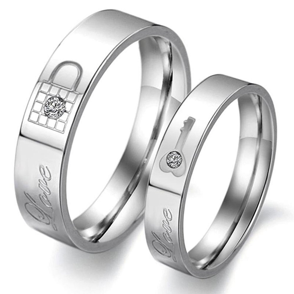 Lover Pasangan Pernikahan Perhiasan Crystal Titanium Cincin Baja Band Desain Kunci Gembok-Silver-Intl