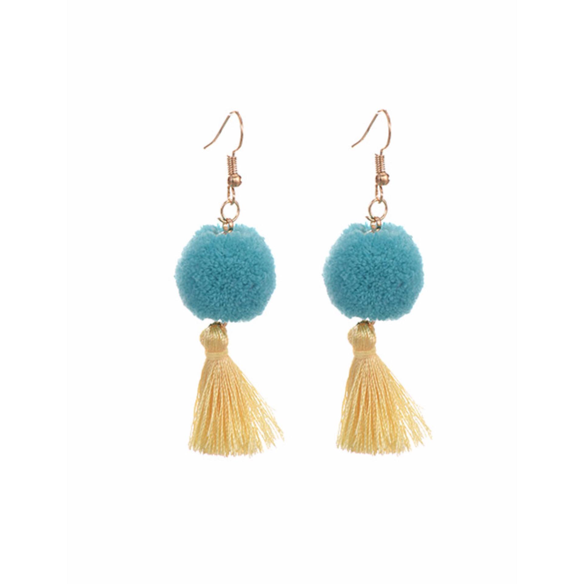 LRC Anting Blue Fuzzy Ball&tassel Decorated Simple Earrings