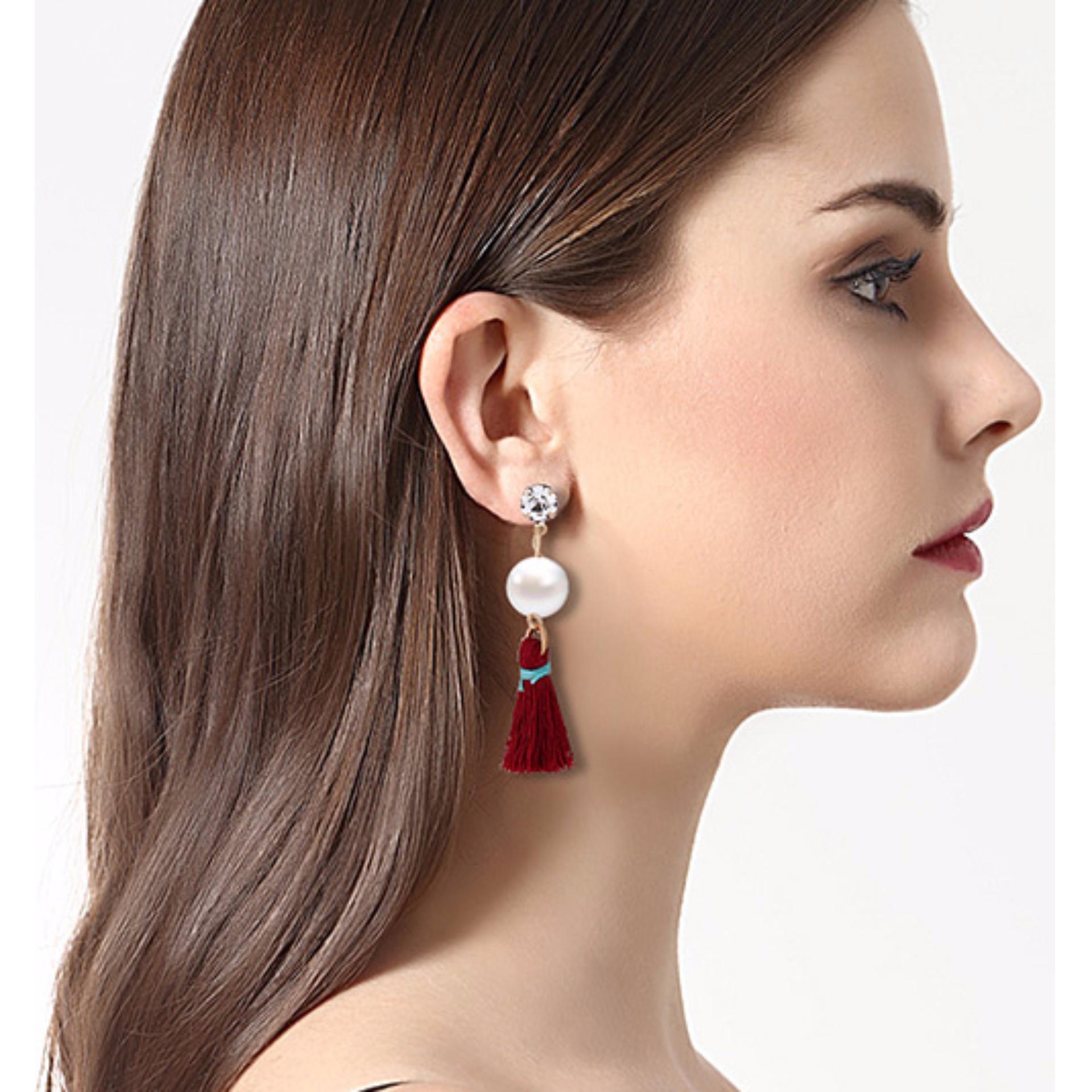 LRC Anting Tusuk Fashion Pearl&diamond Decorated Tassel Pure Color Earrings