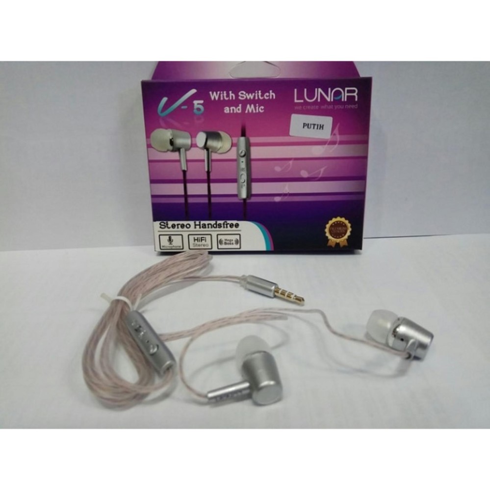 Lunar V5 Handsfree Hf Headset Universal 3,5 mm for Iphone Samsung Oppo Vivo Xiomi Lenovo Asus Advan Evercross Blackberry Acer.- Silver / Putih