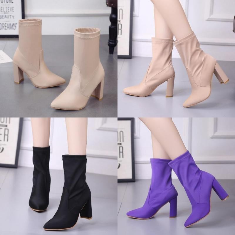 Lunar Valley Terbaru Fashion Wanita Sepatu Bot Setumit Polos Belakang Jari Kaki Tampak Sebagian Slip Pada Sepatu Hak Tinggi Perempuan Pendek Booties Kaus Kaki Elastis Pasang Kaos-Hitam-Uni Eropa: 39-Intl