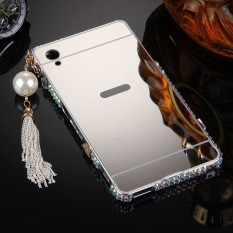 Metal Bumper Frame and Bling Diamond With Tassels Mirror PC Back Cover for Sony Xperia M4 Aqua (Silver) - Int'L