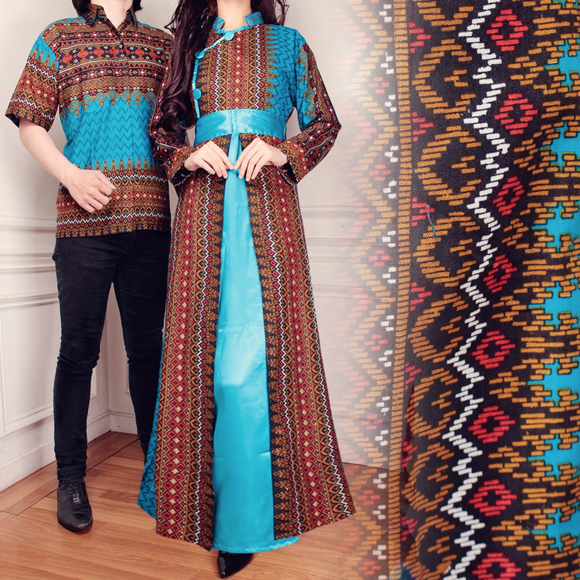 Miracle Couple Gamis Longdress Batik Songket - Biru