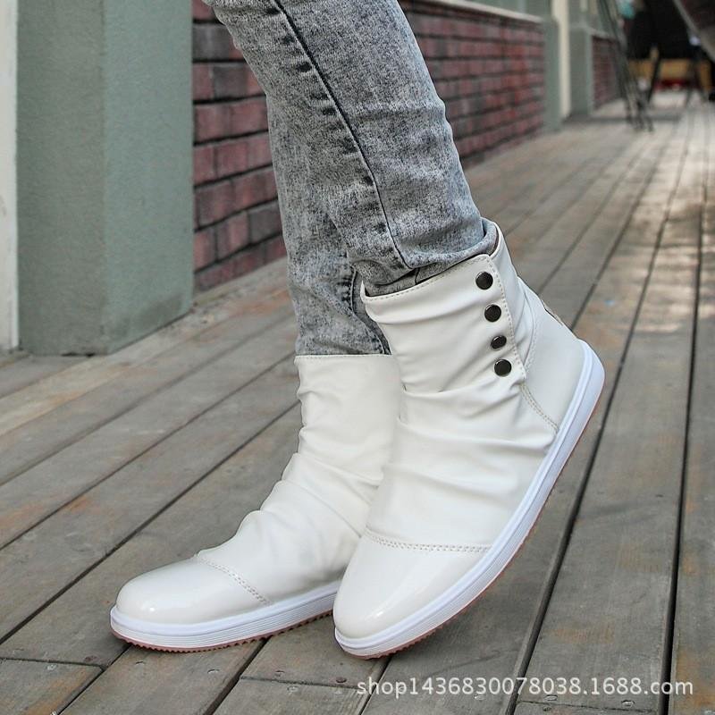 Musim Dingin Pria Flats Sepatu Kasual Top Tinggi Kulit SLIP ON Ankle Boots Tahan Air PUTIH-Intl