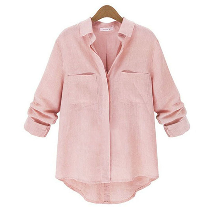 Musim Semi Fashion Kasual Perempuan Blusas Tombol Longgar Lengan Baju Panjang Blus Kerah Yg Terlipat Ke Bawah Kemeja Kerah Puncak Ukuran Better S-2XL Berwarna Merah Muda