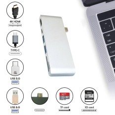 NiceEshop Tipe-C USB 3.0 6 In 1 Combo Hub untuk Laptop, Aluminium Multi-port Adapter dengan USB-C Pengisian Port, Tipe-Through C, 2 USB 3.0 Port, HDMI 4KSD/Micro Card Reader (Perak)-Intl