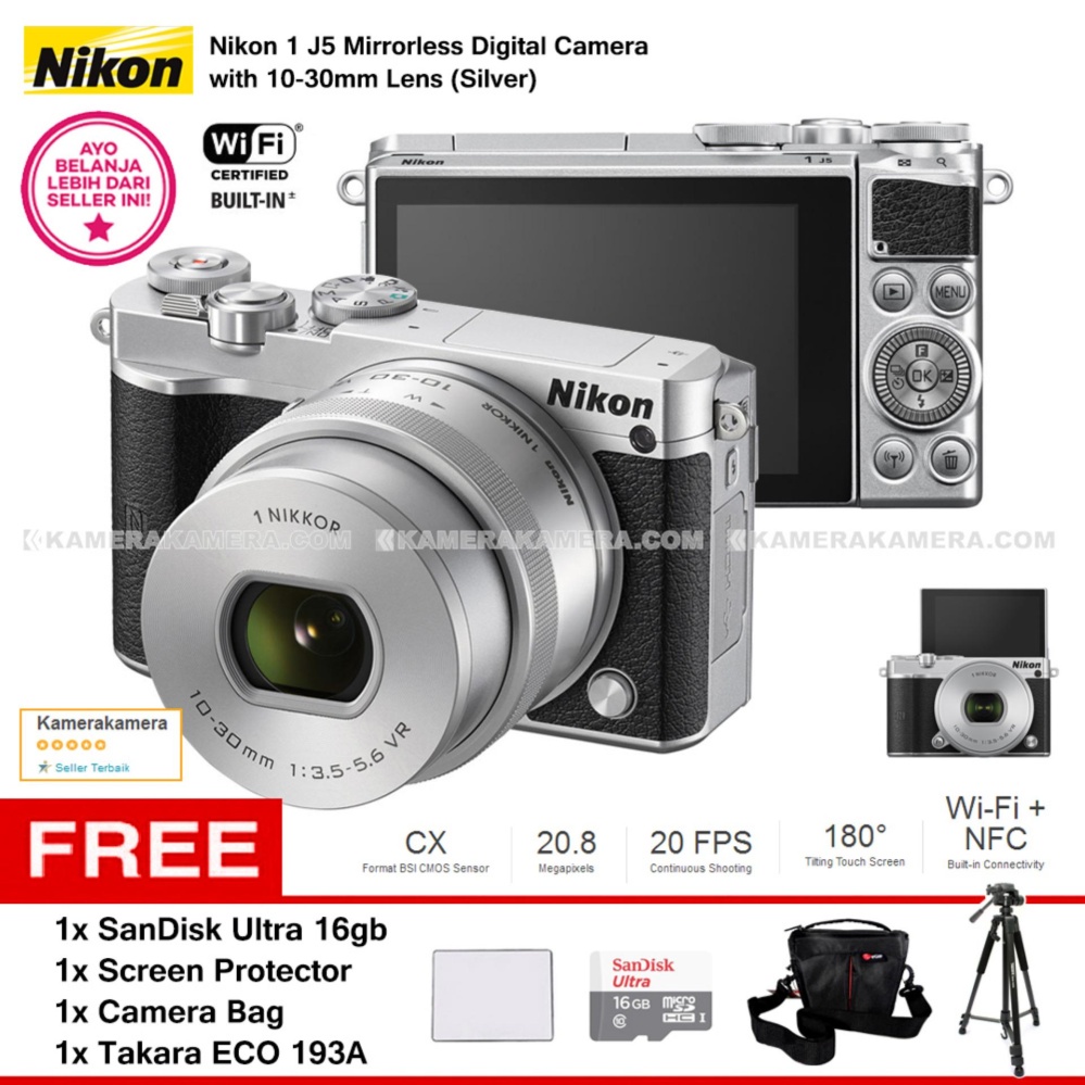 NIKON 1 J5 (SILVER) WiFi 4K Mirrorless Camera VR 10-30mm Lens + MicroSD SanDisk Ultra 16gb + Screen Protector + Camera Bag + Takara ECO-193A