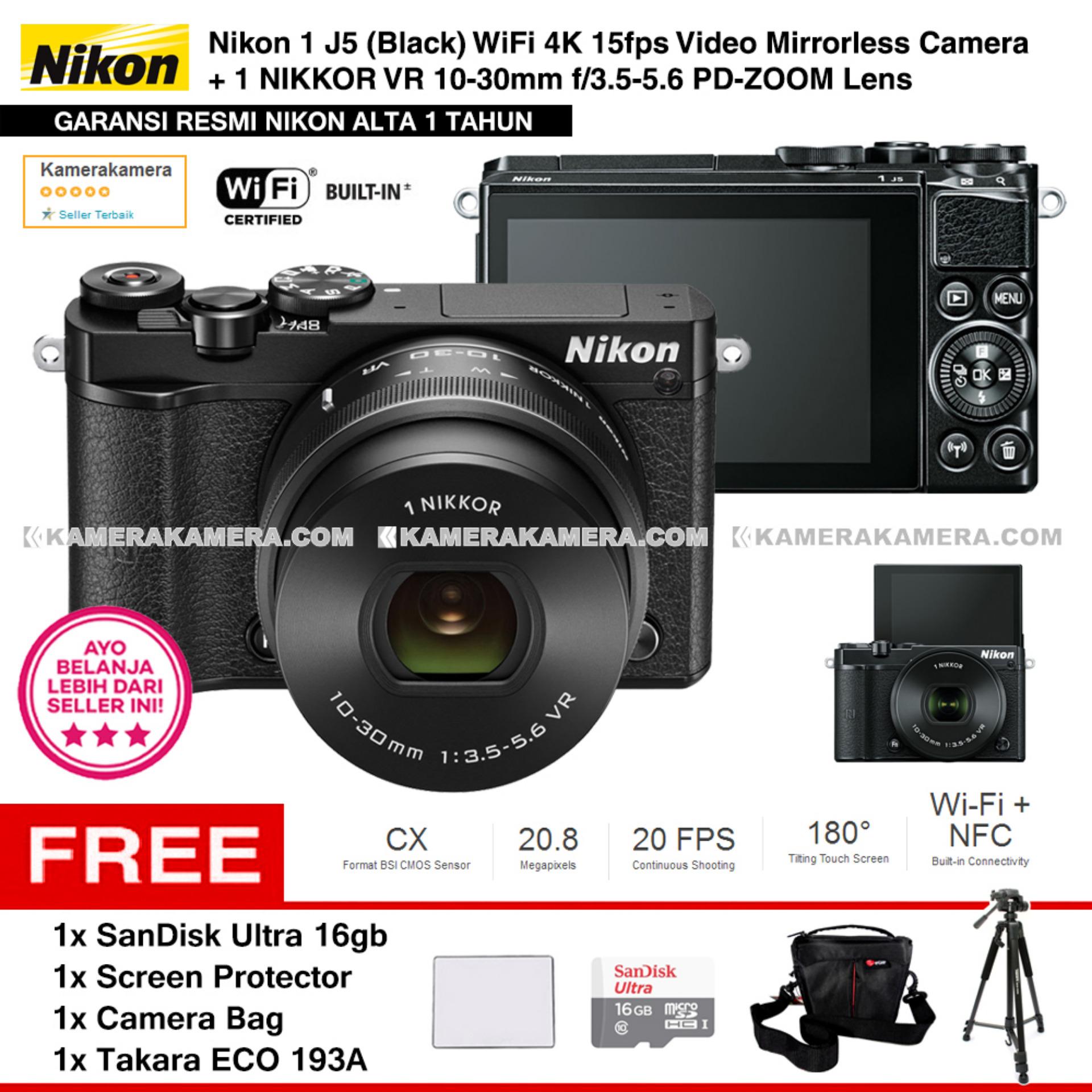 NIKON 1 J5 (BLACK) WiFi 4K Mirrorless Camera VR 10-30mm Lens - Resmi Nikon Alta + MicroSD SanDisk Ultra 16gb + Screen Protector + Camera Bag + Takara ECO-193A
