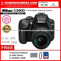 Nikon D3400 AF-P DX Nikkor 18-55 VR Kit 24MP DX-format APS-C CMOS Sensor Full HD 1080p 60 fps Built-in Wireless (Garansi 1th) Free Screen Guard + SanDisk 16gb + Filter 55mm
