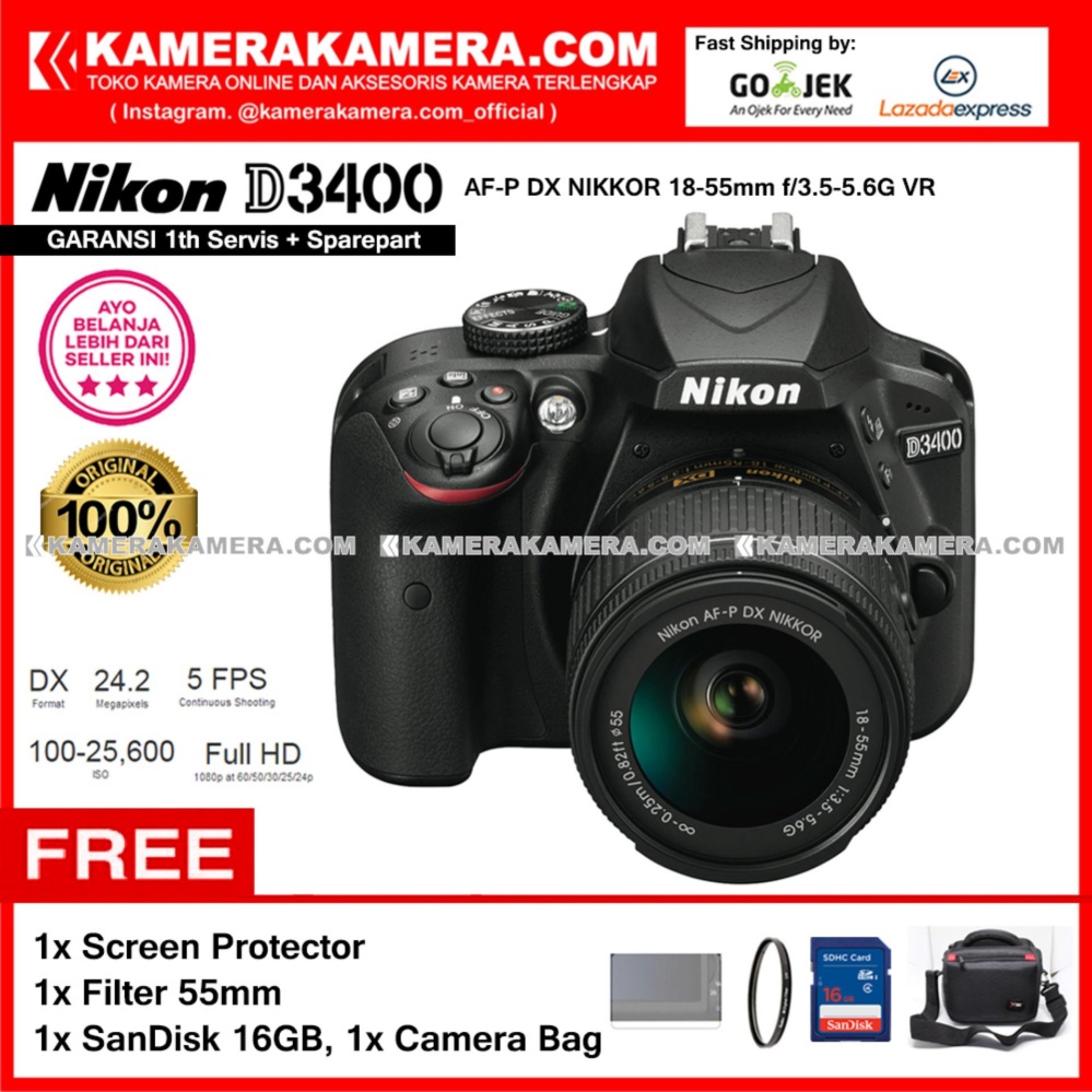 Nikon D3400 AF-P DX Nikkor 18-55 VR Kit 24MP DX-format APS-C CMOS Sensor Full HD 1080p 60 fps Built-in Wireless (Garansi 1th) Free Screen Guard + SanDisk 16gb + Filter 55mm + Camera Bag
