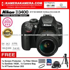 Nikon D3400 AF-P DX Nikkor 18-55 VR Kit 24MP DX-format APS-C CMOS Sensor Full HD 1080p 60 fps Built-in Wireless (Garansi 1th) Free Screen Guard + SanDisk 16gb + Filter 55mm + Camera Bag + ATTanta Kaiser 203