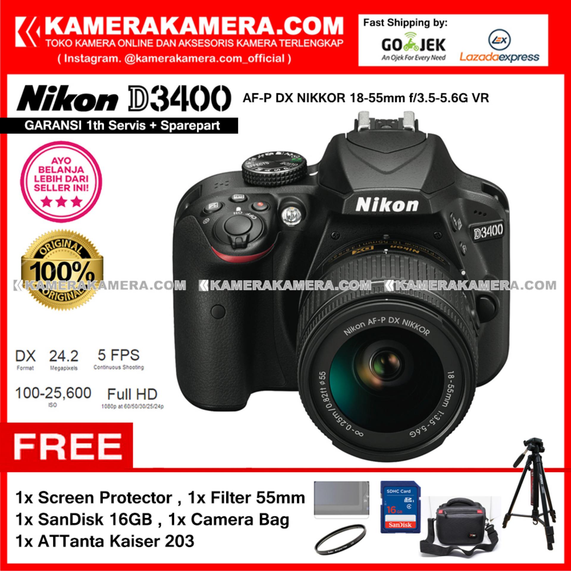  Nikon D3400 AF-P DX Nikkor 18-55 VR Kit 24MP DX-format APS-C CMOS Sensor Full HD 1080p 60 fps Built-in Wireless (Garansi 1th) Free Screen Guard + SanDisk 16gb + Filter 55mm + Camera Bag + ATTanta Kaiser 203