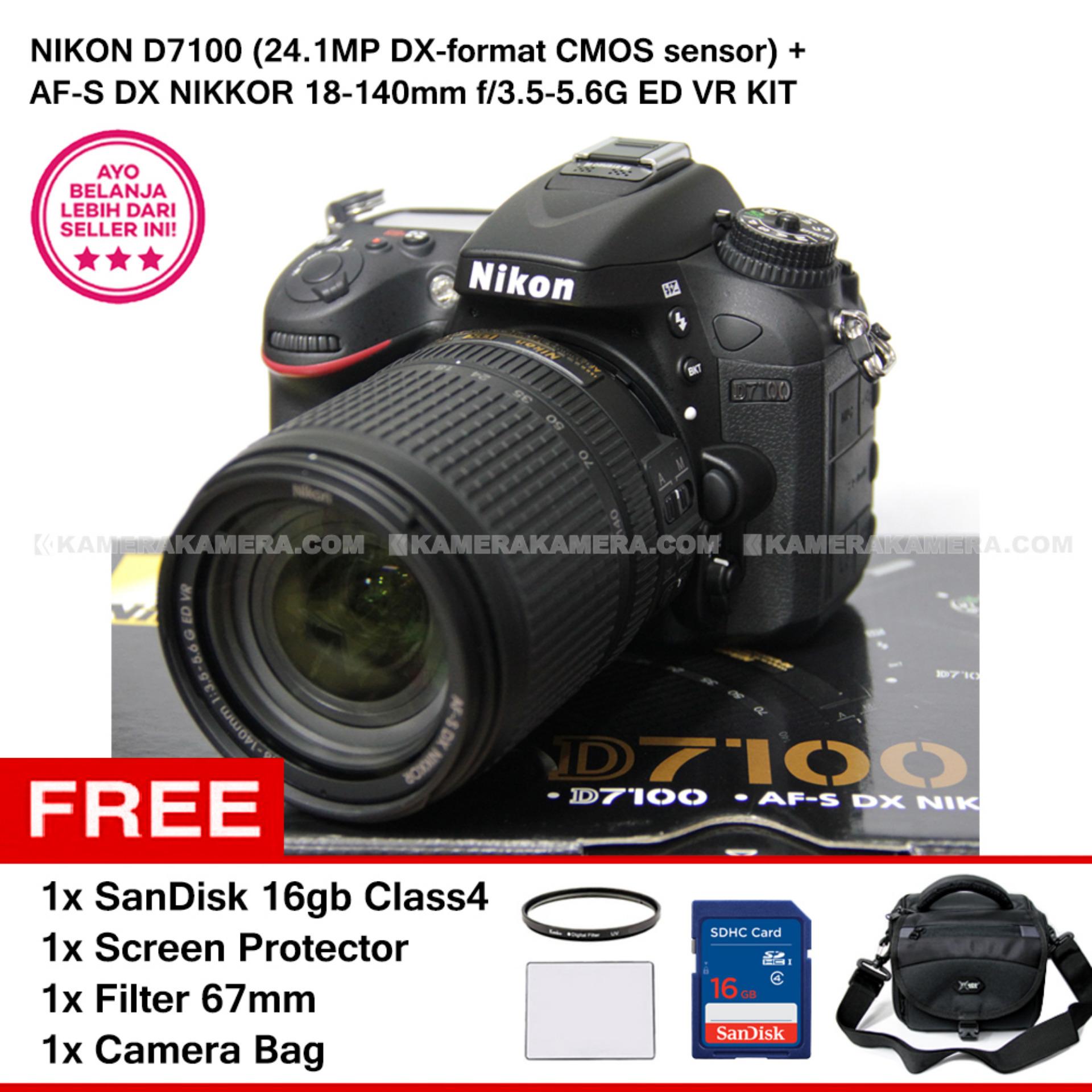 NIKON D7100 (24.1MP DX-format CMOS sensor) + AF-S DX NIKKOR 18-140mm f/3.5-5.6G ED VR KIT + SanDisk 16Gb + Screen Protector + Filter 67mm + Camera Bag