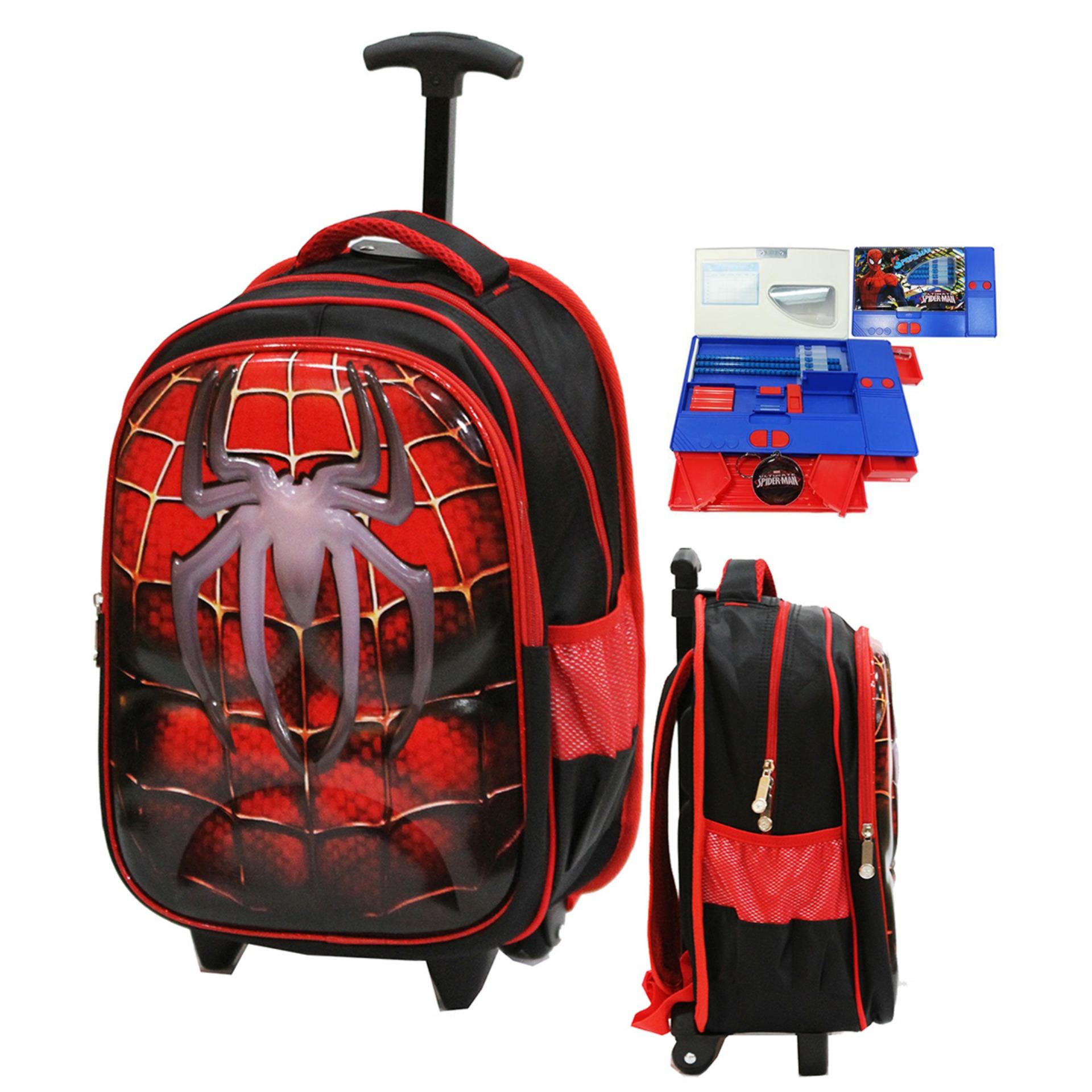 Onlan Spiderman Laba Laba 6D Soft Hard Cover Timbul Tas Trolley Anak SD Import + Kotak Pensil Magnet Jumbo - Red
