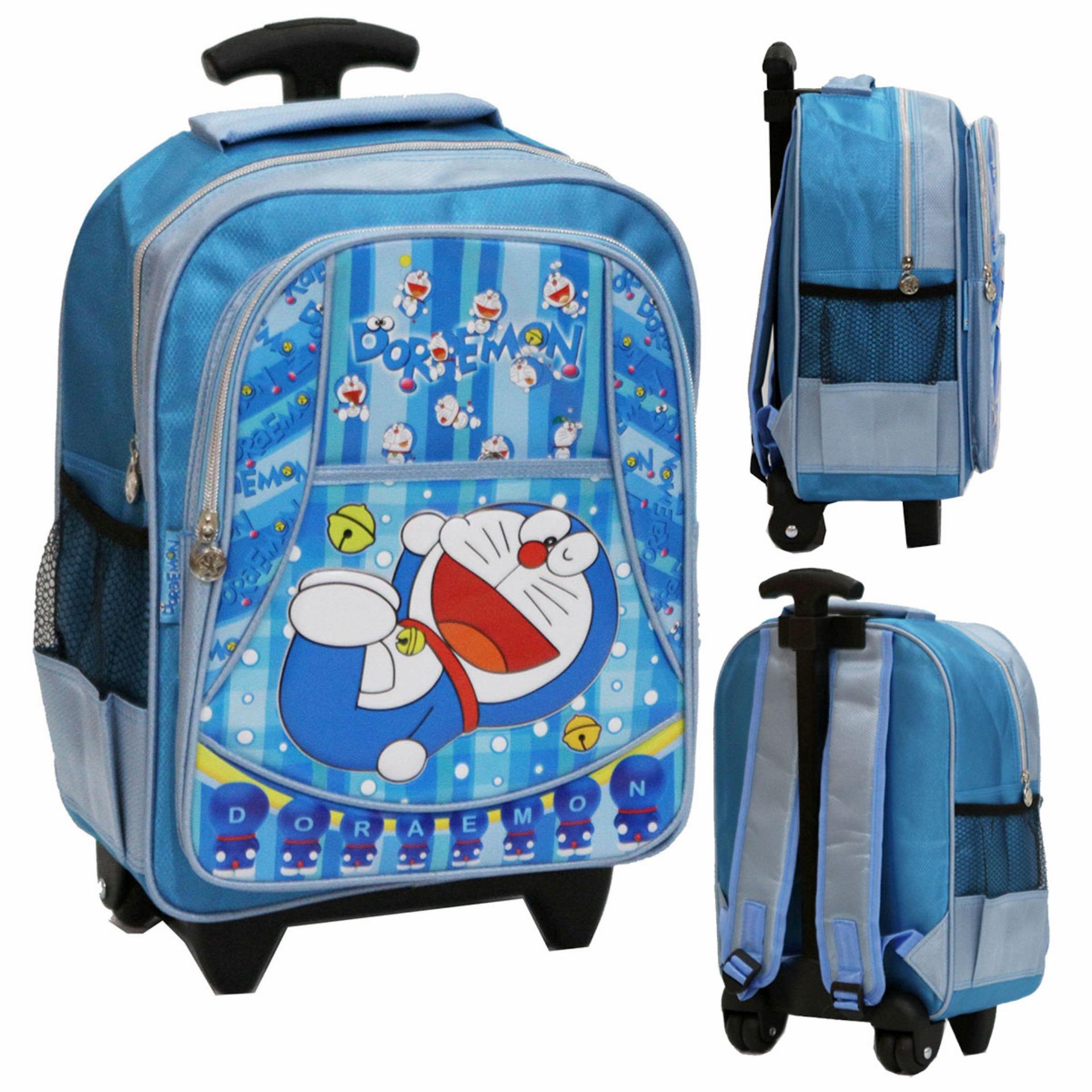 Onlan Tas Trolley Anak Sekolah TK Atau PG Doraemon Soft Timbul Bahan Saten 3 Kantung - Biru