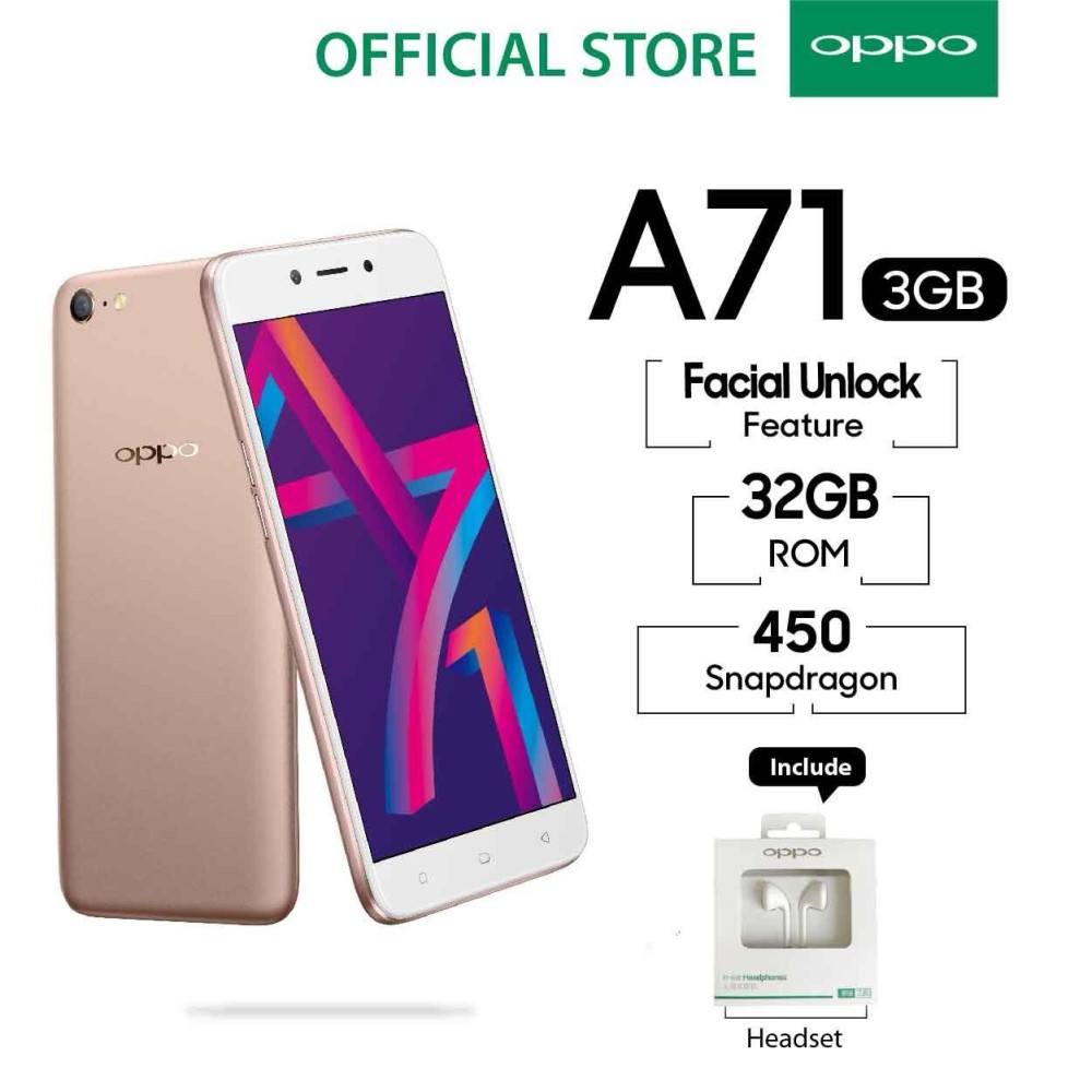 OPPO A71 Smartphone AI Beauty Camera 3GB/32GB Gold - (Cicilan TANPA Kartu Kredit, Metode COD, Cicilan 0%)