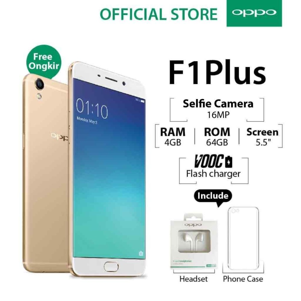 Oppo F1 Plus 4GB/64GB Gold – Smartphone Selfie Camera (Garansi Resmi Oppo Indonesia, Cicilan Tanpa Kartu Kredit, Gratis Ongkir)