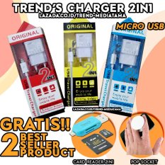 Original Charger 2in1 with Cable Android - Kabel Micro USB for Samsung / Xiaomi / Lenovo / Huawei /HTC / Oppo / Vivo Gratis Pop Socket + 2 in 1 Card Reader Micro SD / SDHC