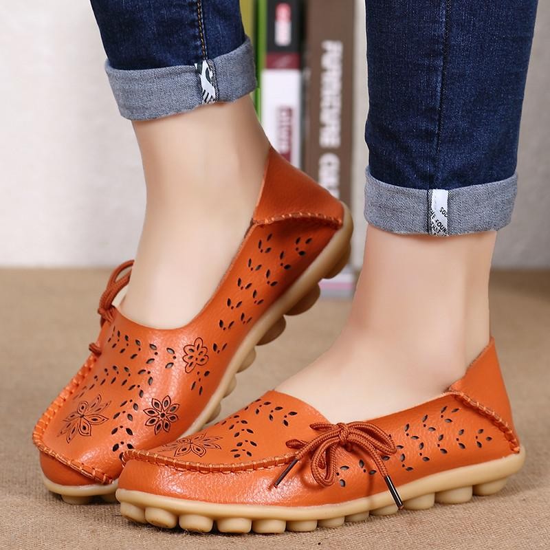 Pabrik Grosir Sandal Musim Panas Sepatu Lubang Kasut Leper Kulit Kasual Perempuan Berusia Doug Mama Sepatu Kode ORANGE-Intl