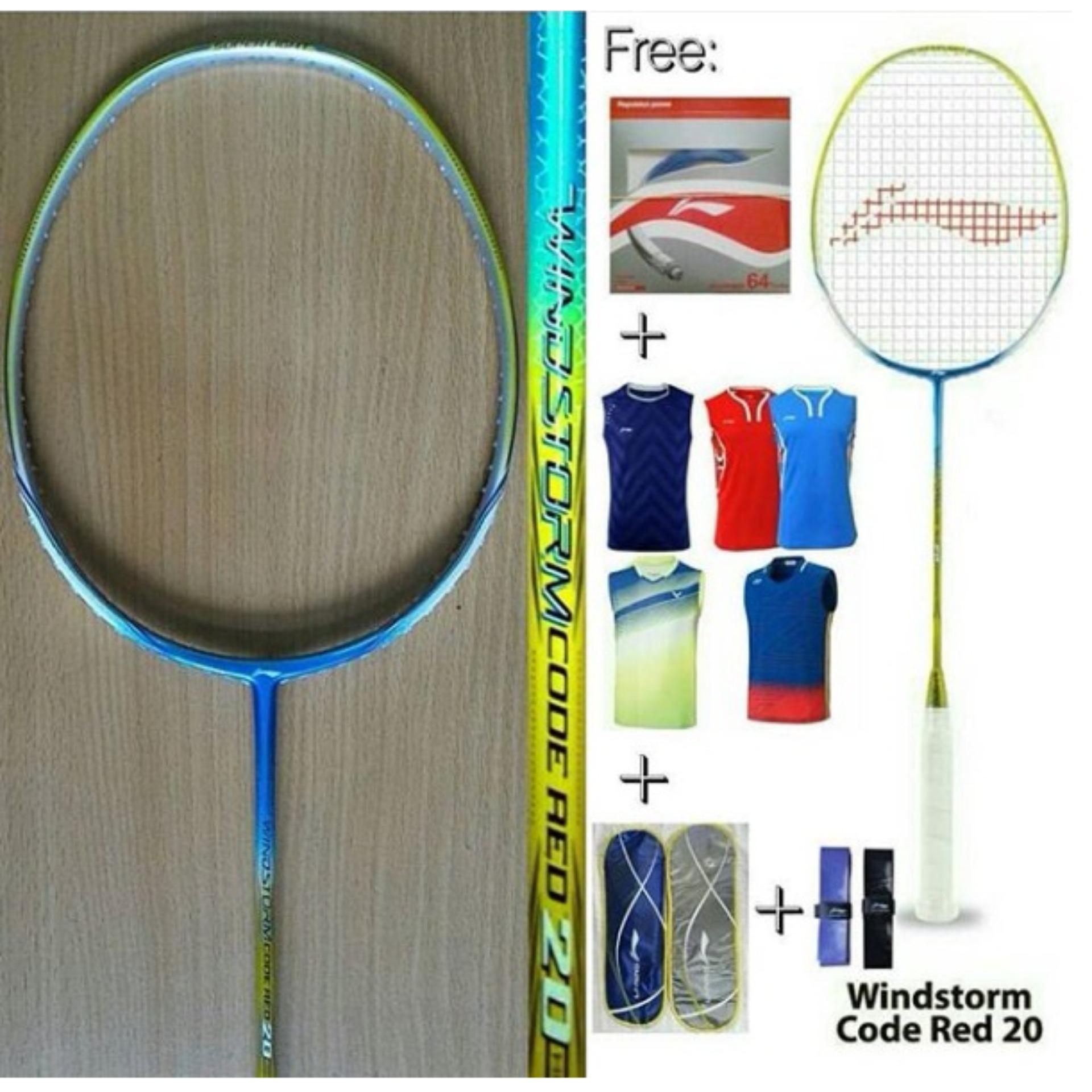 PAKET 1JUTAAN PROMO RAKET LINING WINDSTORM CODE RED 10 ATAU WINDSTORM CODE RED 20 ORIGINAL BONUS SENAR, JERSEY, TAS ORI 1R DAN HANDGRIP ADHA SPORT