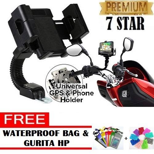PAKET HEMAT GPS Mobile Holder Jepit untuk Spion Motor / Phone Holder For Universal Motorcycles - Hitam + Free Waterproof Bag dan Gurita Tempelan Belakang HP