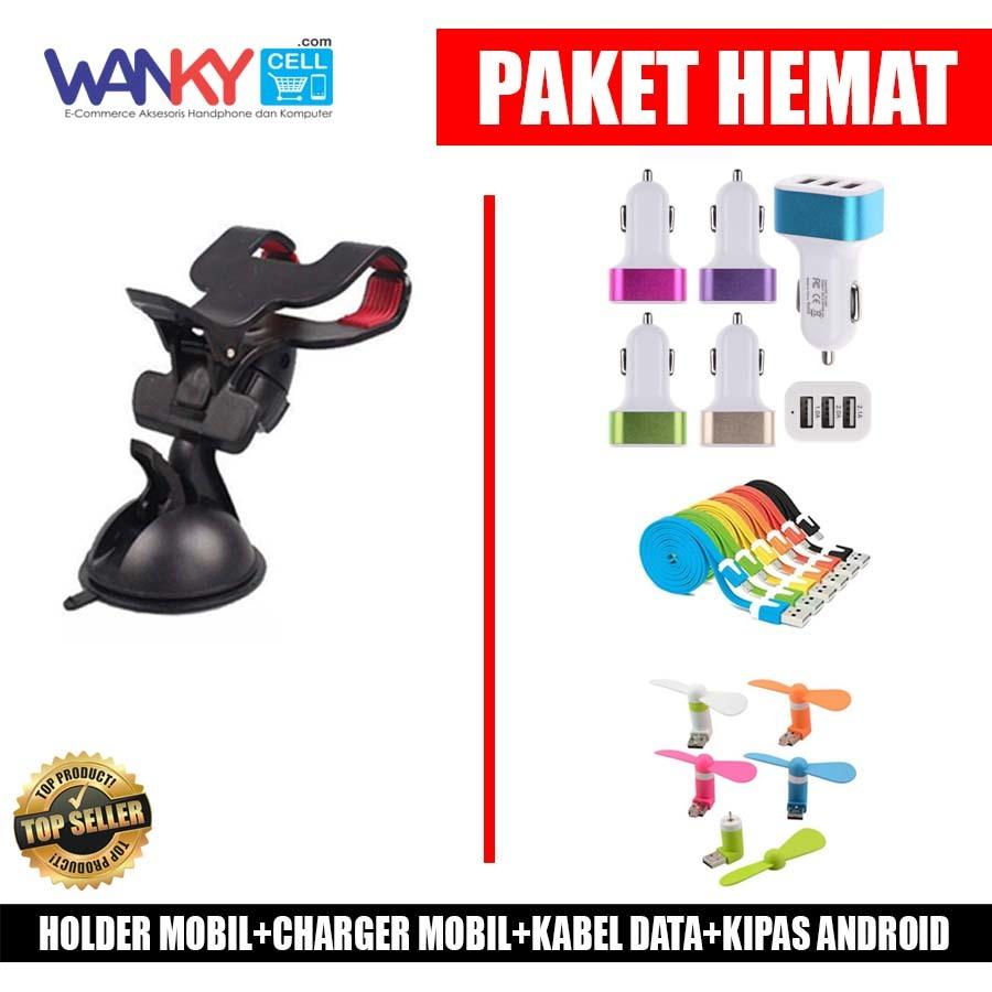 Paket Hemat - Holder Mobil + Car Charger 3 USB + Kabel Data + Kipas Android