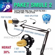 Paket Mikrofon PROFFESIONAL 2 Microphone Taffware BM700 + Stand Gantung + Pop Filter + Splitter / Paket Smule Karaoke Lazpedia