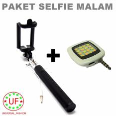 Paket Selfie Malam : Tongsis Monopod Black Edition Tombol Lipat Selfie Stick + Lampu Flash Selfie Support All Merk Hp Dan Camera