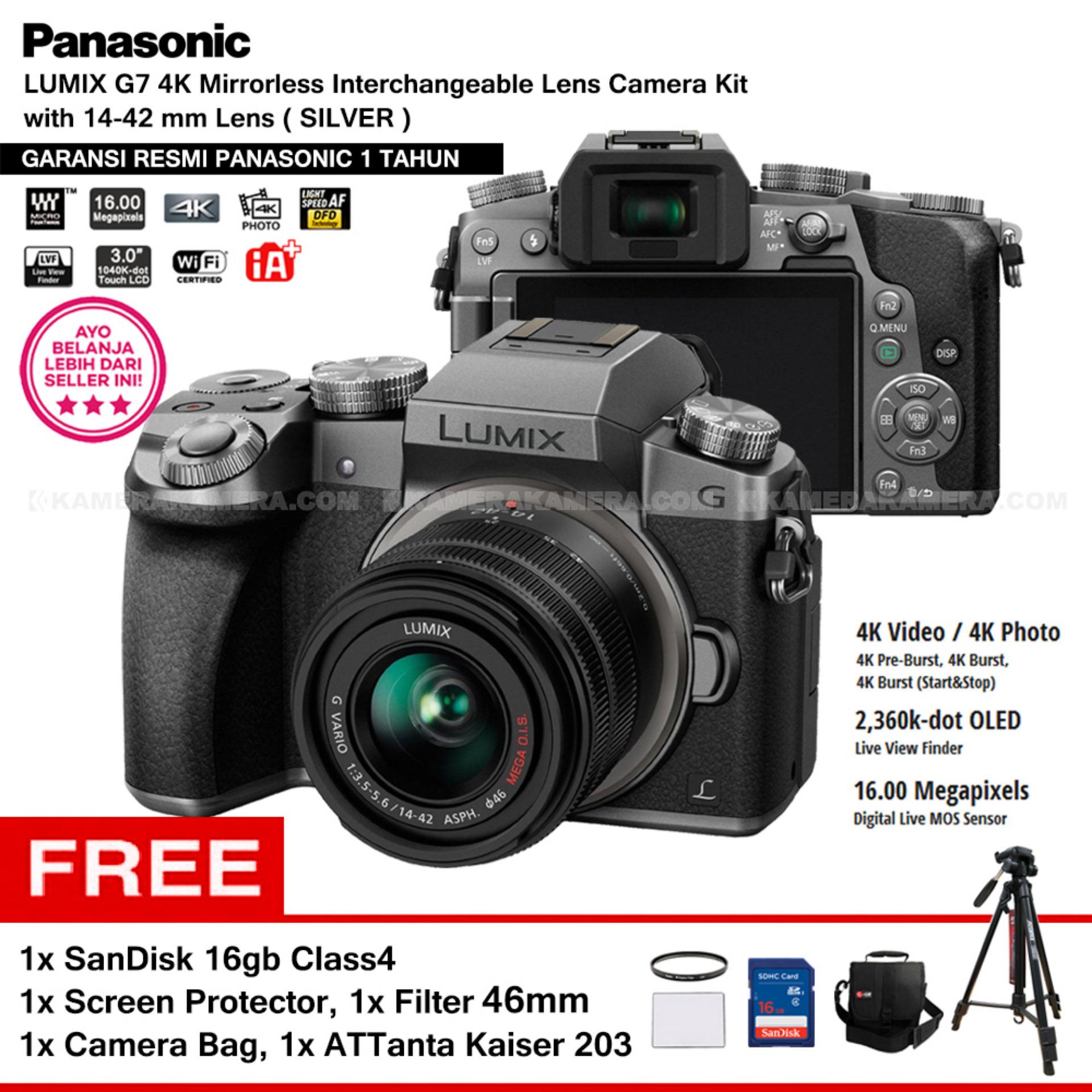 Panasonic DMC-G7K Silver - Kamera Mirrorless G7 WiFi 4K 16MP + Lumix G Vario 14-42mm/ F3.5-5.6 II ASPH (Garansi Resmi) + Screen Protector + SanDisk 16GB + Filter 46mm + Camera Bag + ATTanta Kaiser 203