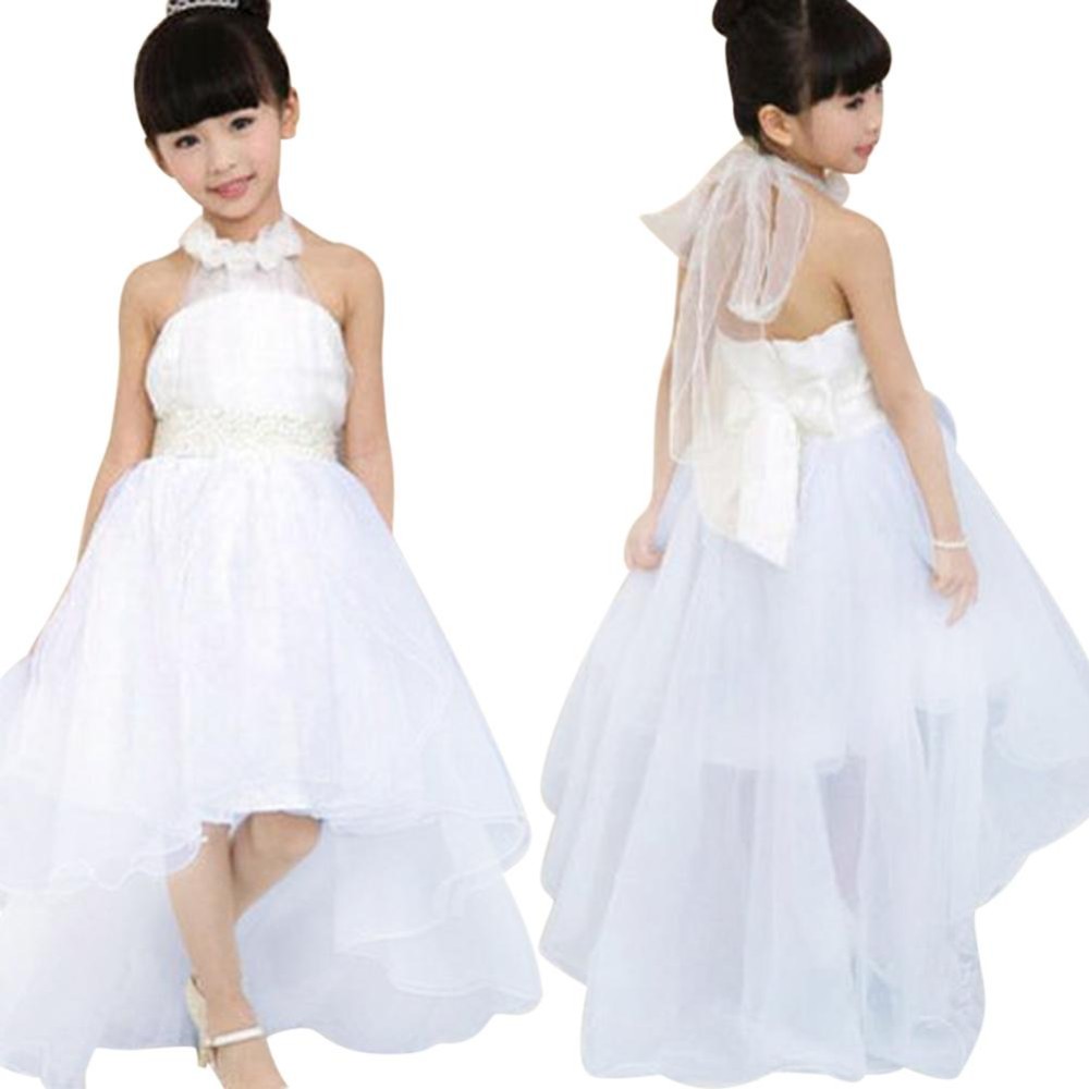 Pengiriman Gratis Nyaman Pakaian Anak-anak Kid Girl Long Pernikahan Putri Bridesmaid Bowknot Lapisan Baju Putih 3-9Years-Intl