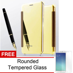 Peonia Mirror Flip Cover Case for Oppo F1 Plus / R9 5.5 Inch ( Gold ) + Rounded Tempered Glass