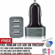 Pokeshop - Car Charger 3.1A 3 Port Charger Mobil casan mobil + Gratis Bohlam Lampu LED USB 5W + Bumper Karakter + I-Ring Stand Smartphone + Usb Kabel Data android - Hitam