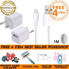 pokeshop - Data USB Lightning Charger Cable for Apple iPhone (1m) Kabel Dan Charger an Suport Iphone 5,5s,6,6+,7,7+,7G Dengan Charger Free Tongsis Mini Lipat Kabel Holder U + Nossy Sim Card Adapter + Penjepit Kabel Karakter + Bumper Case Universal
