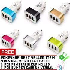 Pokeshop - Premium Car Charger Charger Mobil USB 3 Port Casan Di Mobil Free 3 Pcs USB Kabel Micro 1M + 1 Pcs Pembersih Kuping LED + Bumper Case Universal Smartphone