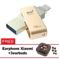 Pqi iConnect Mini OTG Flashdisk Lightning Apple & USB 3.0 - 16GB Emas + FREE Xiaomi Earphone