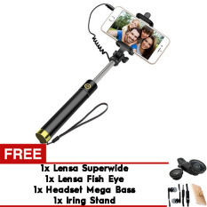 Premium Tongsis Black Edition Tombol Lipat Kabel Automatic Biru - Free Lensa Superwide + Fish Eye Lens + Headset Handsfree Mega Bass + Iring Stand Hp