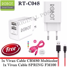 ROBOT Charger Adaptor RT-C04S Dual USB 5V.1A / 5V.2.1A - Putih + Free Vivan Cable CBM80 Multicolor + Free Vivan Cable SPRING FM100