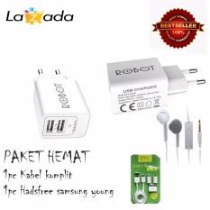Robot RT C04S Dual Usb Adapter / Adaptor Dual Usb / Adaptor Usb Charger - original - putih + ROBOT TPE600 Cable Set Micro USB with 3 type Connector - Putih + Samsung Handsfree S6310/5360 Untuk Samsung Galaxy Young/Wonder Original - Putih
