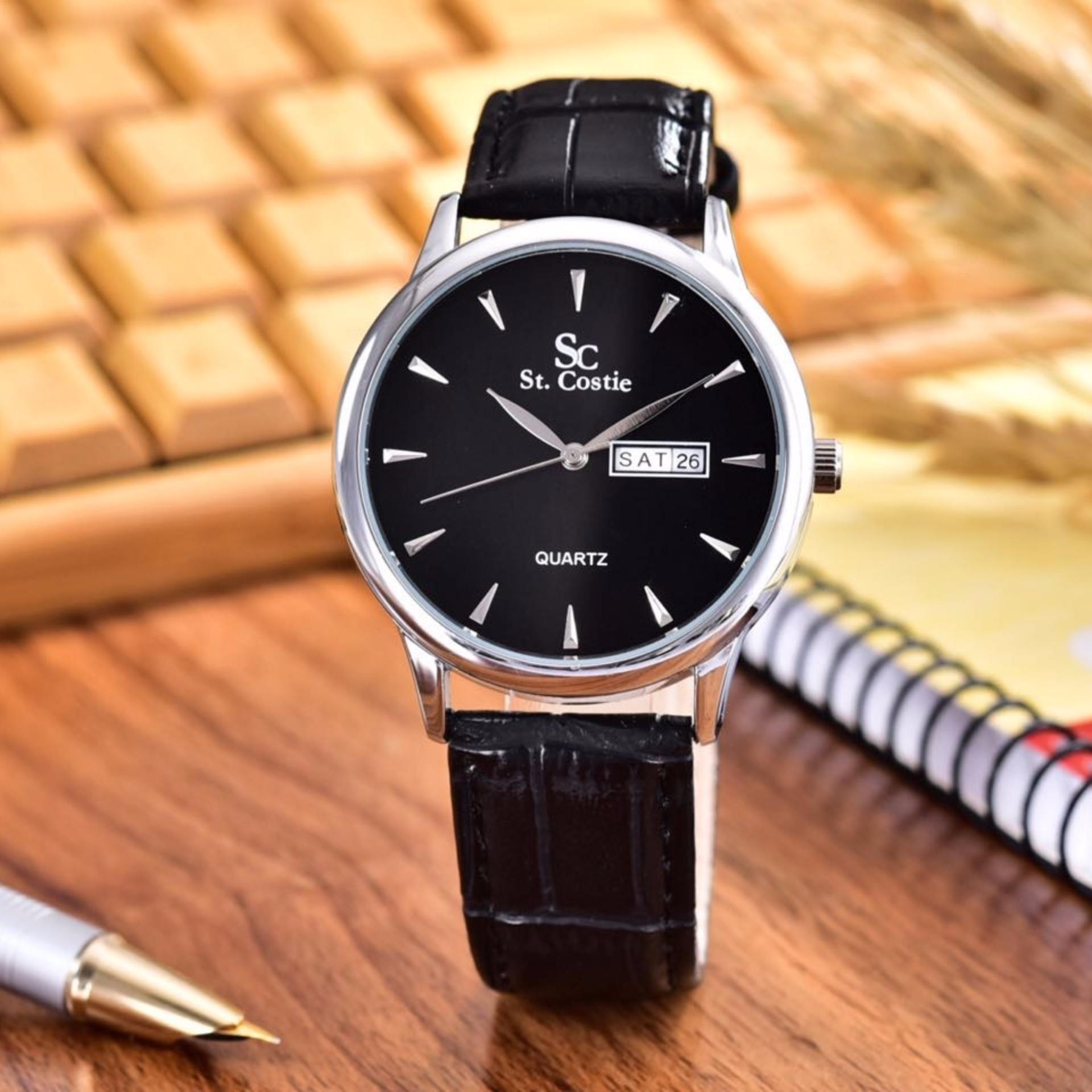 TOKO INDONESIA Best Jam Tangan Wanita 03 09 18 Saint Costie Original Brand Jam Tangan Wanita Body Silver Black Dial – Black Leather Strap SC JK 8009L T H SB Black Leather