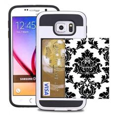 Samsung GALAXY S6 Kasus Kartu Kredit ID Holder Dompet Case Cover Shock-Resistant Hybrid Armor-Memegang 2 Kartu & Kas dengan Corpcase. Designer ID/Slider KARTU Pola Vintage Hitam Floral Damask