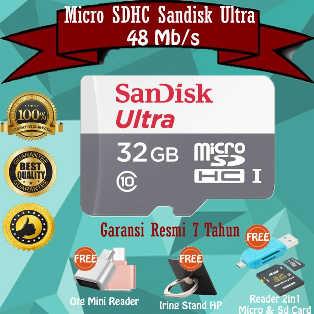 Sandisk Micro SD Class 10 48MB/s 32GB - Gratis Reader 2in 1 + Otg Mini + Iring Stand Hp