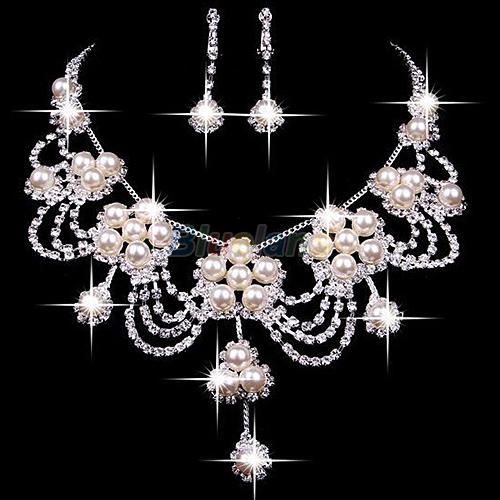Sanwood® Sliver Disepuh Berlian Imitasi Crystal Faux Pearl Kalung + Anting Perhiasan Set untuk Bride Bridal Wedding 9OZF-Intl