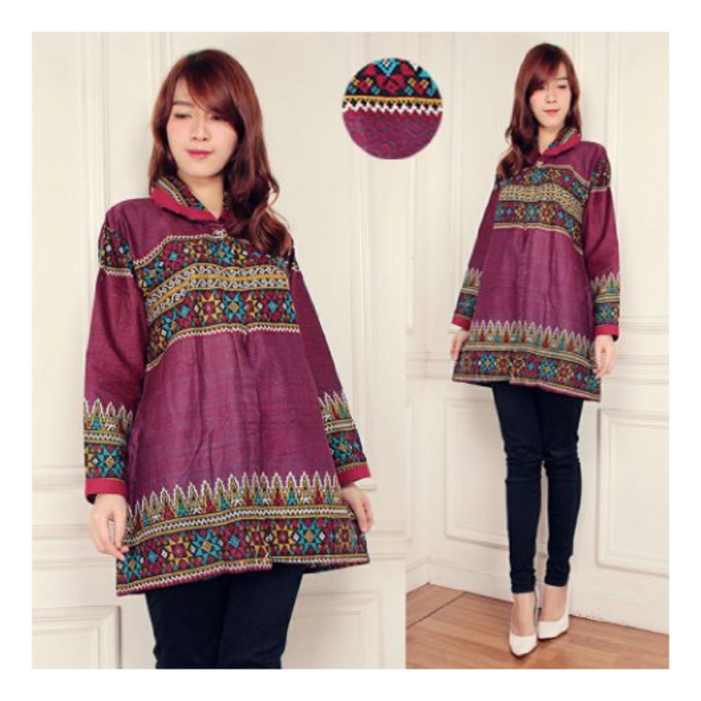 SB Collection Atasan Batik Alina Tunik blouse -Maroon Motif songket