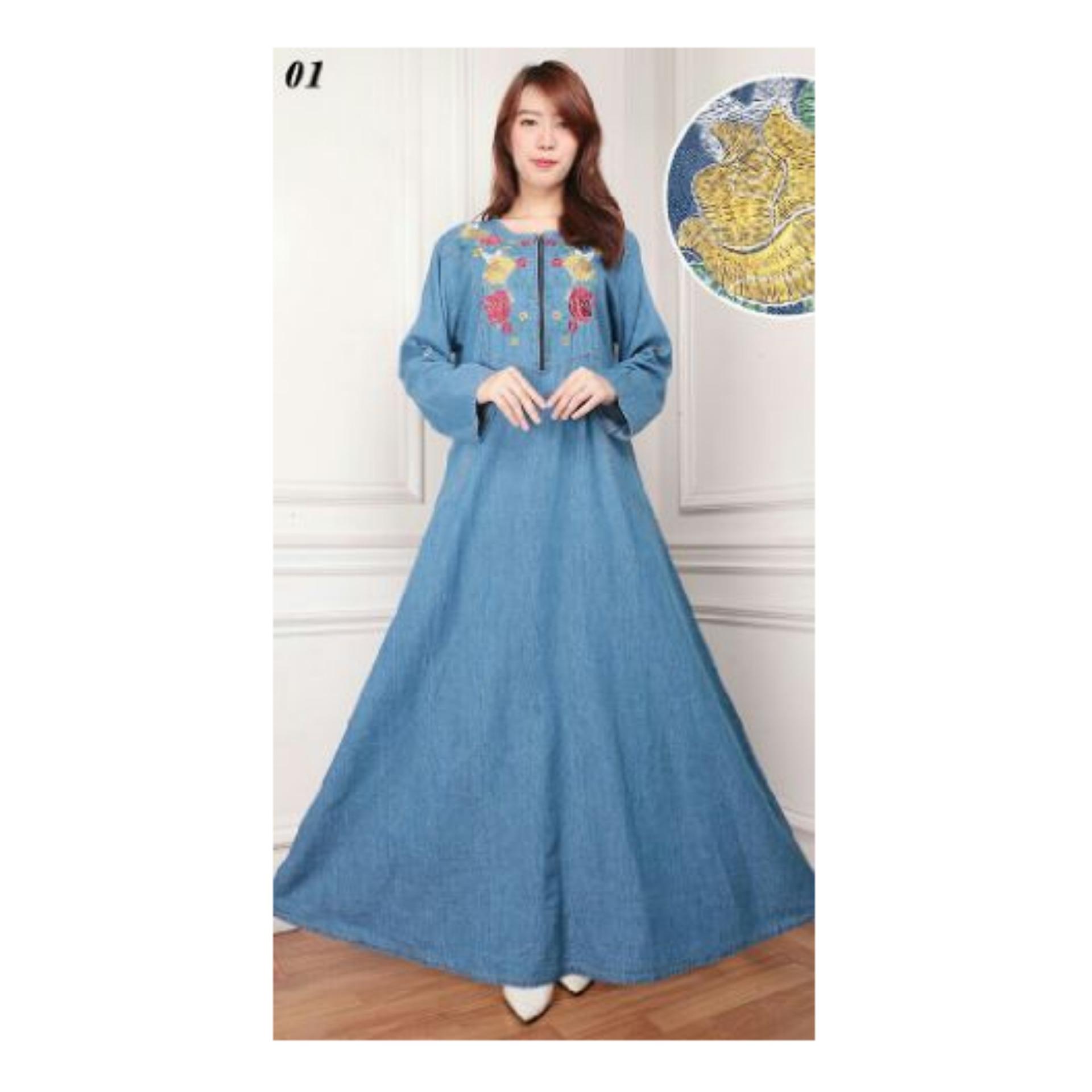 Sb collection Maxi dress Berlita Jeans jumbo gamis bordir-Biru Muda