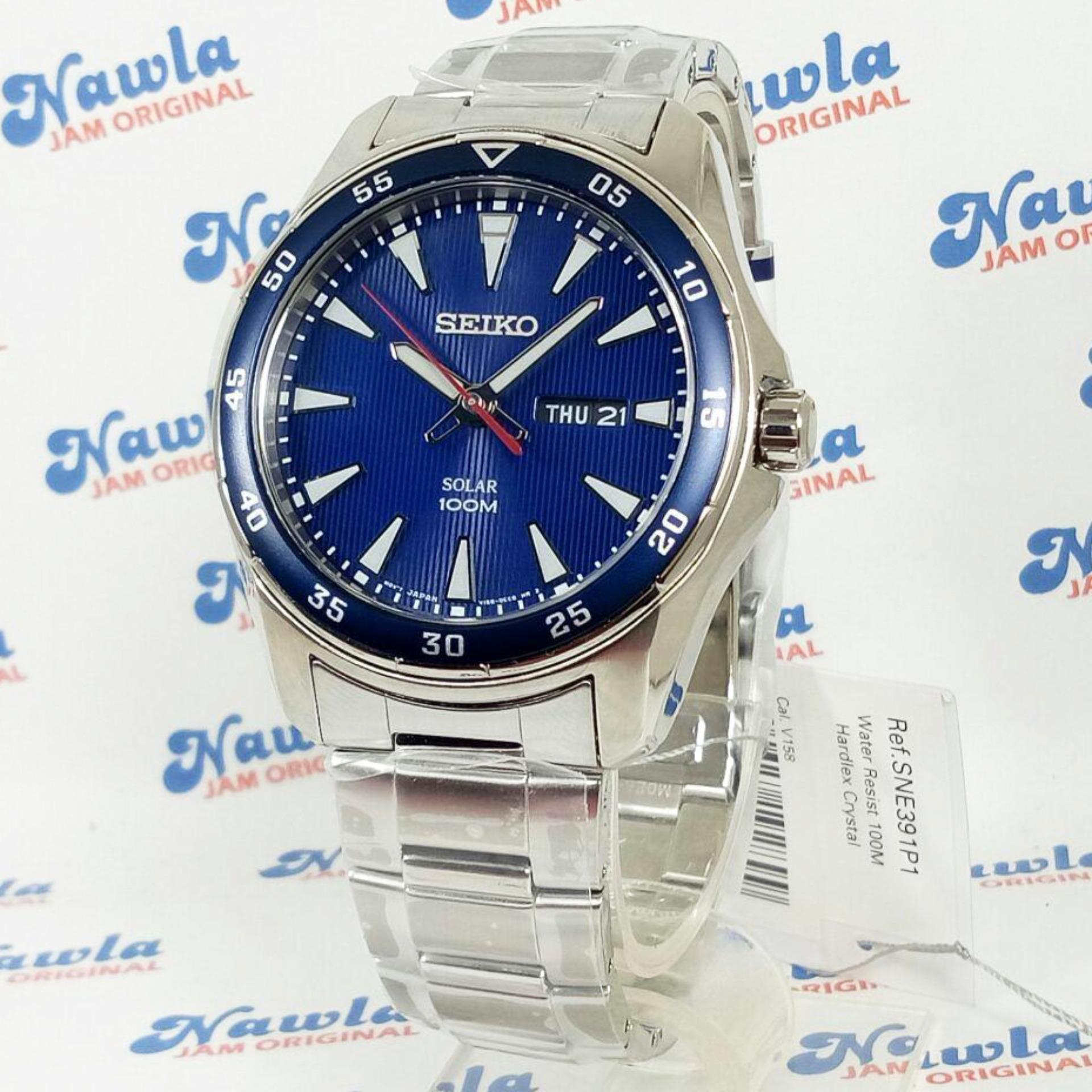 Seiko Mens SNE391P1 Solar Blue Dial-Bezel Jam Pria SNE391