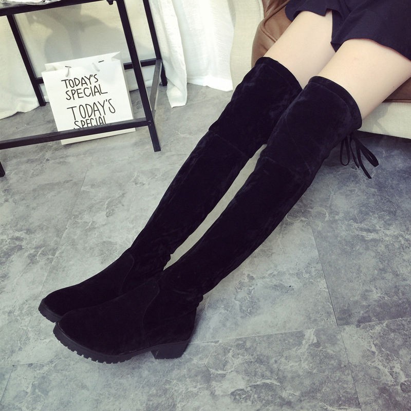 Sepatu Boots Wanita Keluaran Terbaru With Jahitan Renda Boot Diatas Lutut Datar Sepanjang Paha-Internasional